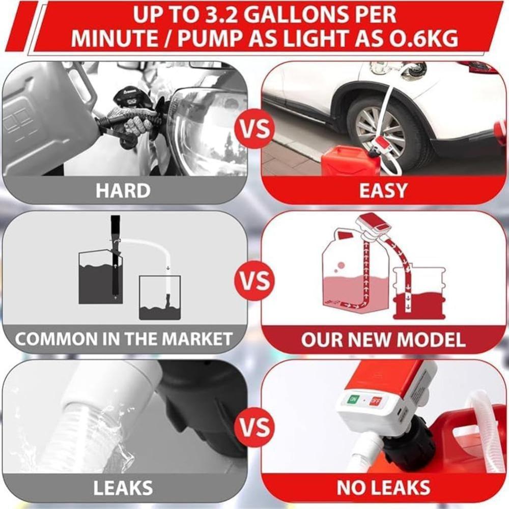 Portable fuel pump with automatic transfer and auto-stop. Comes with a 51-inch hose, and pumps 9.08 liters per minute.