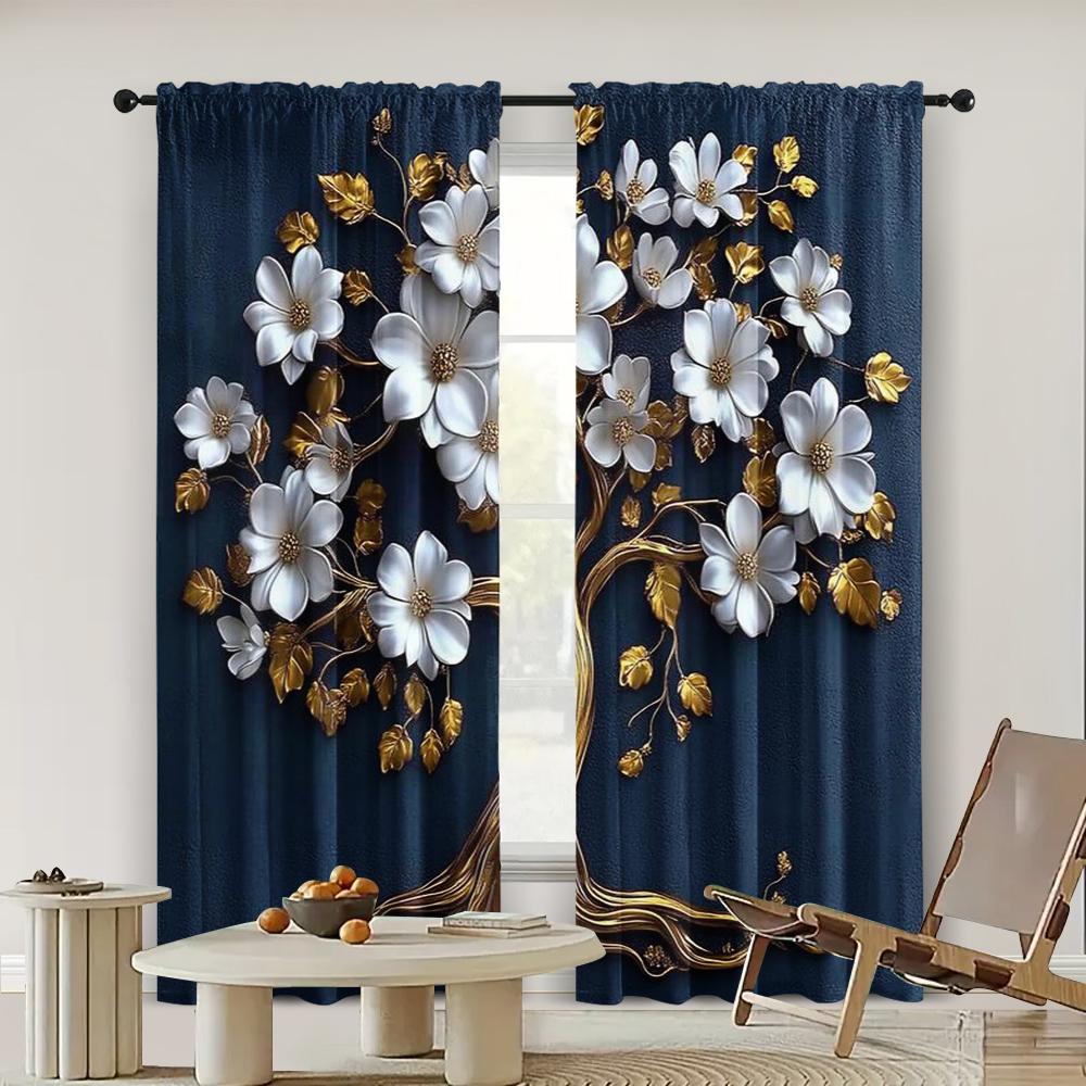 2pc,  Drapes elegant 3d blue & golden tree of life tapestry polyester wall hanging for living room bedroom and home decor Light