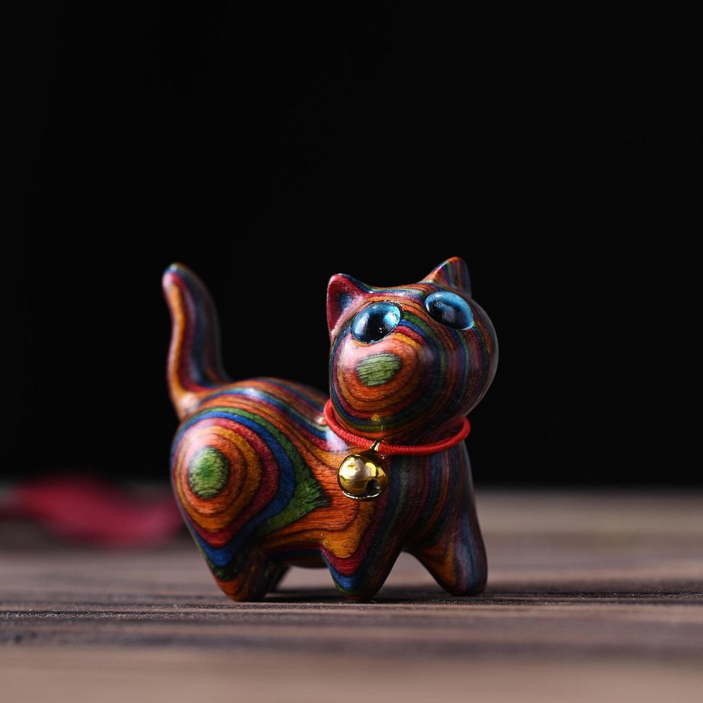 Rainbow Wood Carving: Cute Cat Desktop Ornament - Creative Miniatures for Home Decor