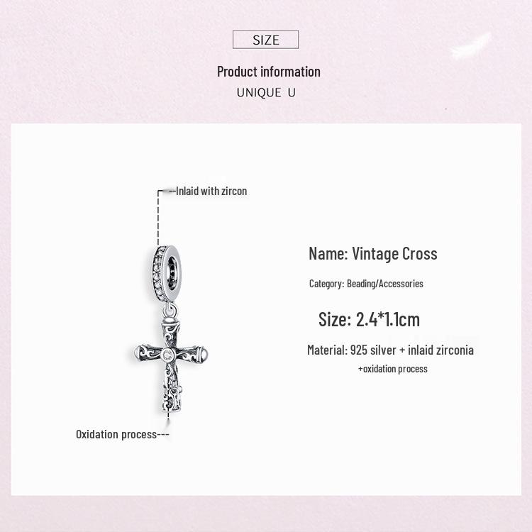 Avle S925 Sterling Silver Retro Cross Pendant Bracelet with European & American Fashion Beads