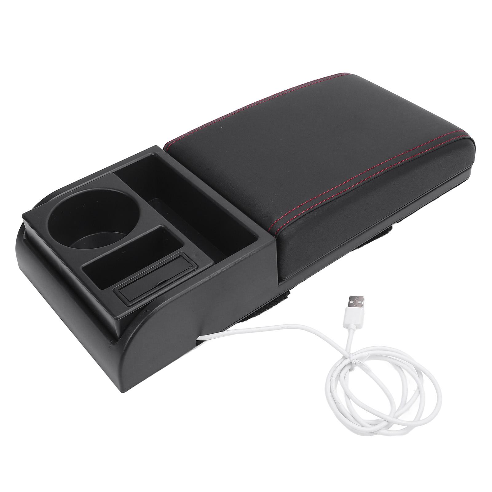 Center Console Armrest Box Cover Adjustable Length with USB Charging Port Cup Holder Universal Fit Car Armrest Box