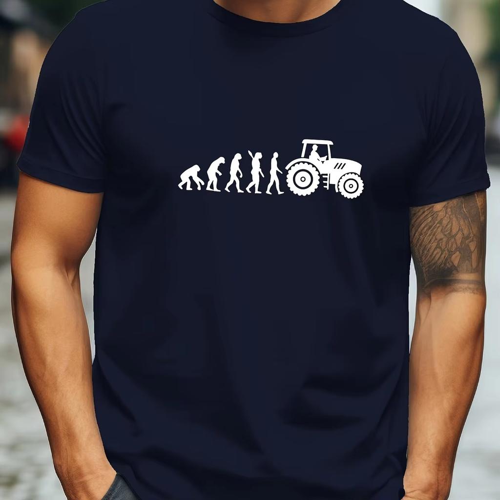 Men Humorous Tractor Evolution Contour Graphic Print Tshirt Casual Round Neck Short Sleeve Tshirt Comfortable Street Cotton