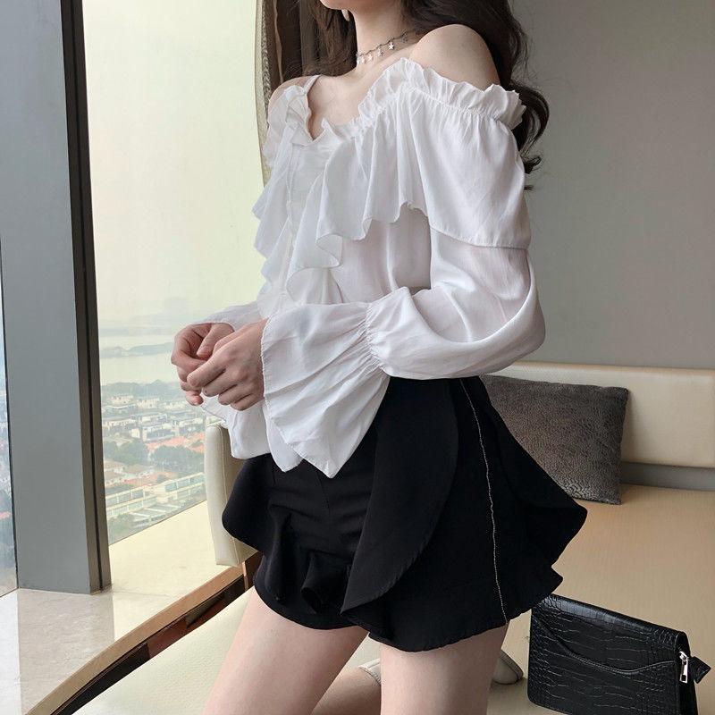 Off Shoulder Blouses Women Ruffles Sexy Party Design Stylish Solid Feminine Leisure All-match Spring Soft Popular Ins
