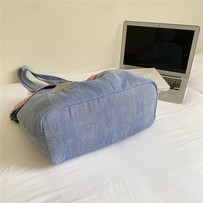 Women's Double-Sided Denim Bag Plaid Shoulder Tote Bag