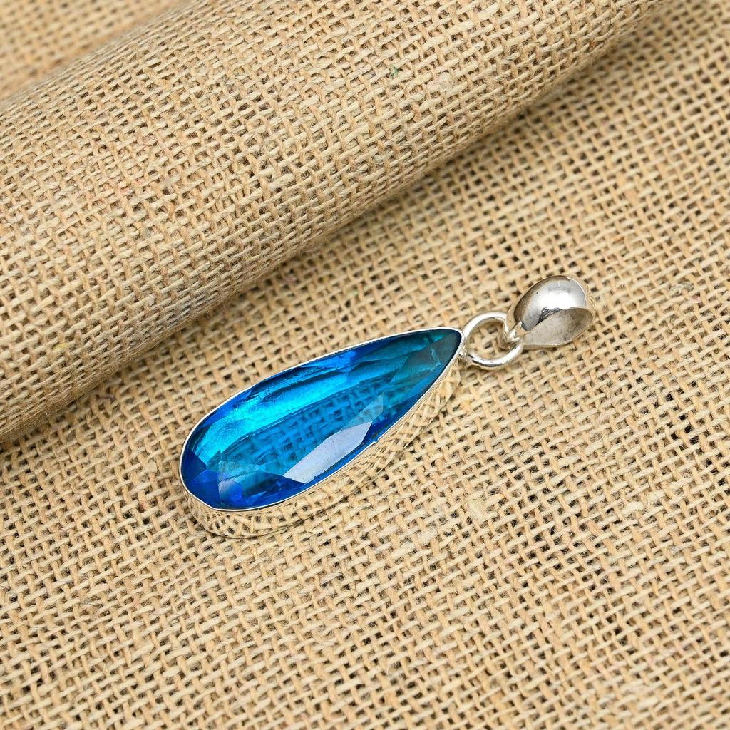 Blue Topaz Natural Gemstone Jewelry  Handmade Pendant  925 Solid Sterling Silver For Wedding Gift
