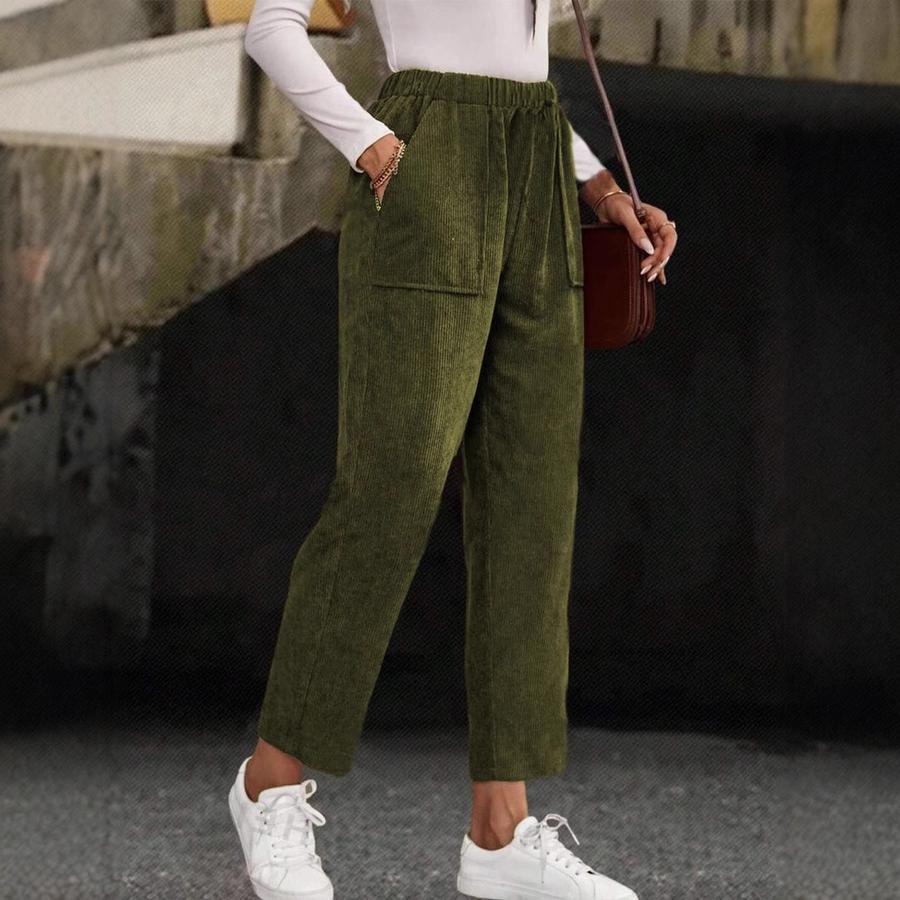 New Fall Women's Clothing Solid Elastic Waist Corduroy Pants Women Straight Leg Casual