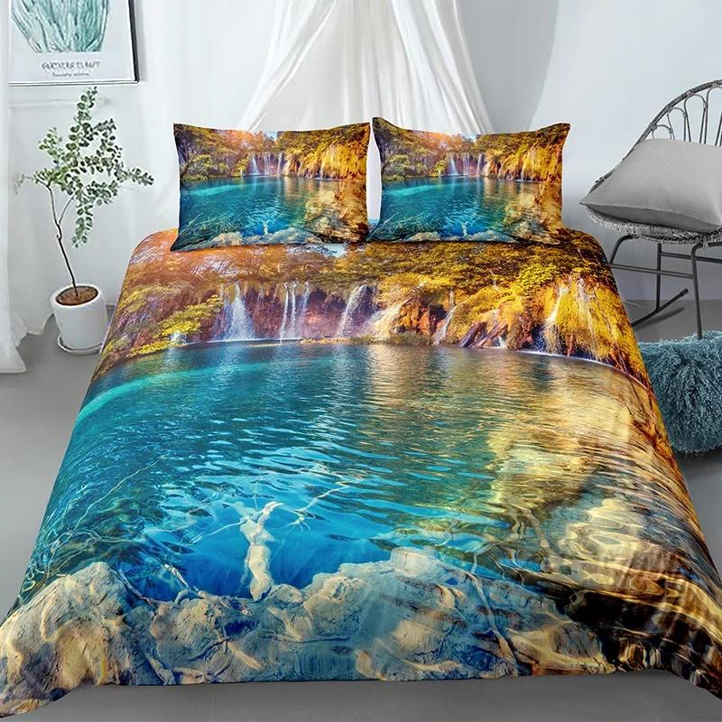 Tree And Sunset Duvet Cover Sets Landscape Mountain Tropical Trees Bedding Set Starry Sky Comforter Cover 2/3Pcs Queen King Size