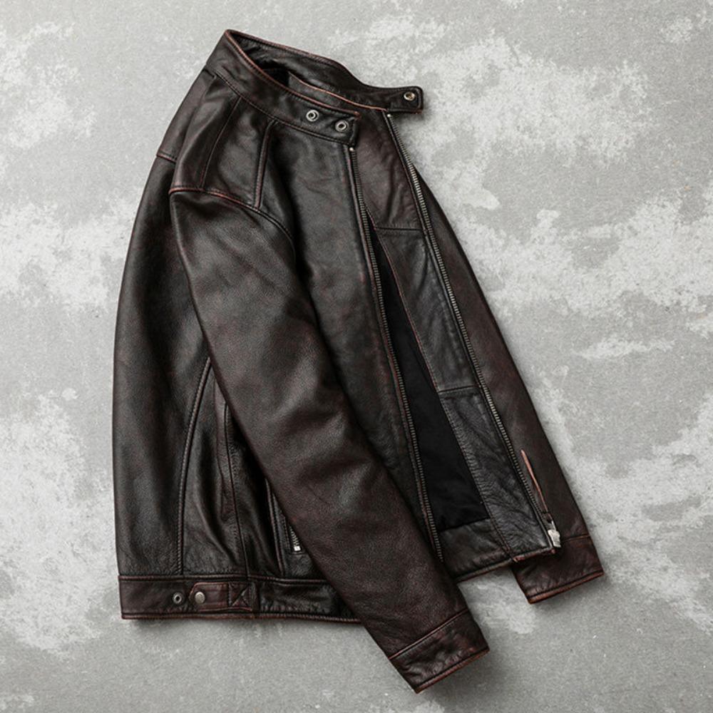 Pánská slim bunda z první vrstvy hovězí kůže, retro stará, jarní a podzimní bunda z čisté kůže