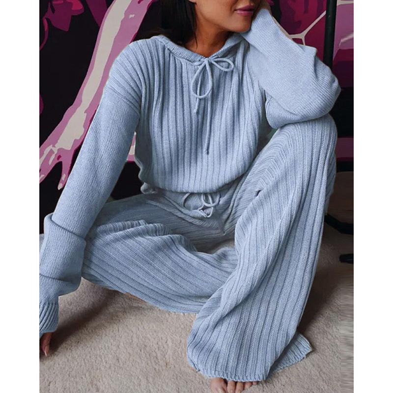 IHUASU Women's Autumn Solid-color Long-sleeved Loose Striped Hooded Casual Suit