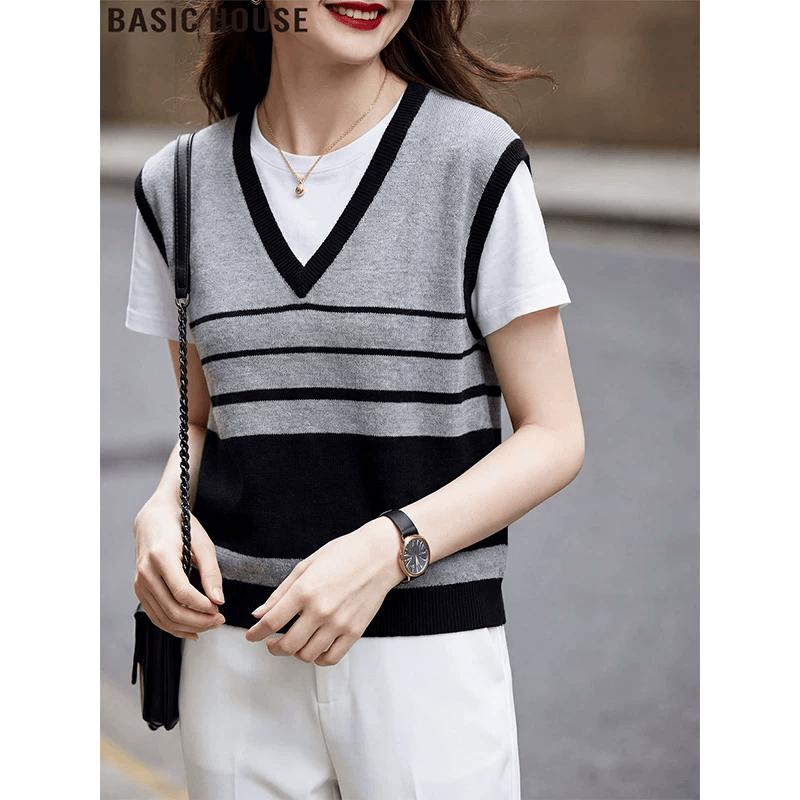 Basic House Women s Striped Faux Two-Piece Short Sleeve T-Shirt L
