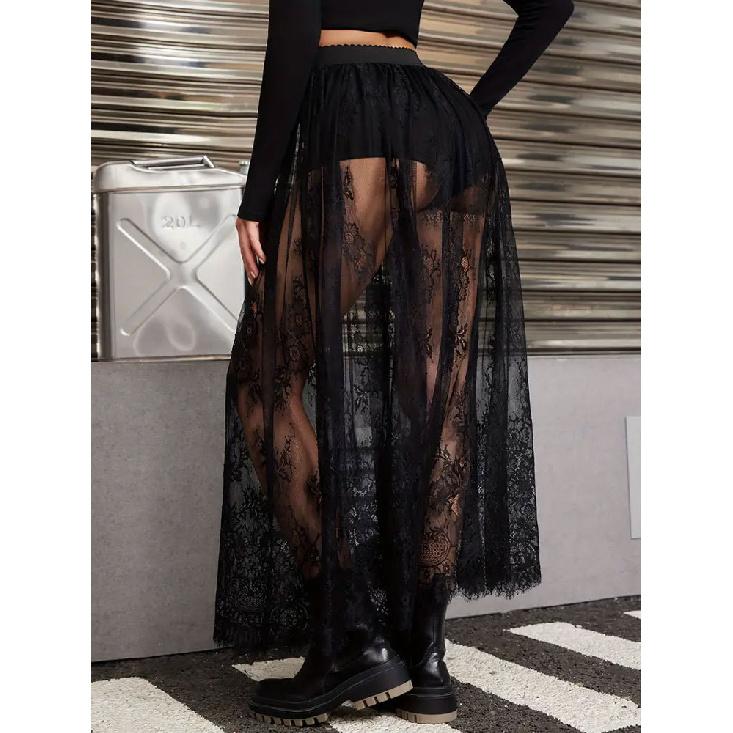 Elegantes Party-Abendkleid Spitzenrock für Damen Durchsichtiges Maxikleid Bodycon Gothic Lolita Mode Schwarzer Rock