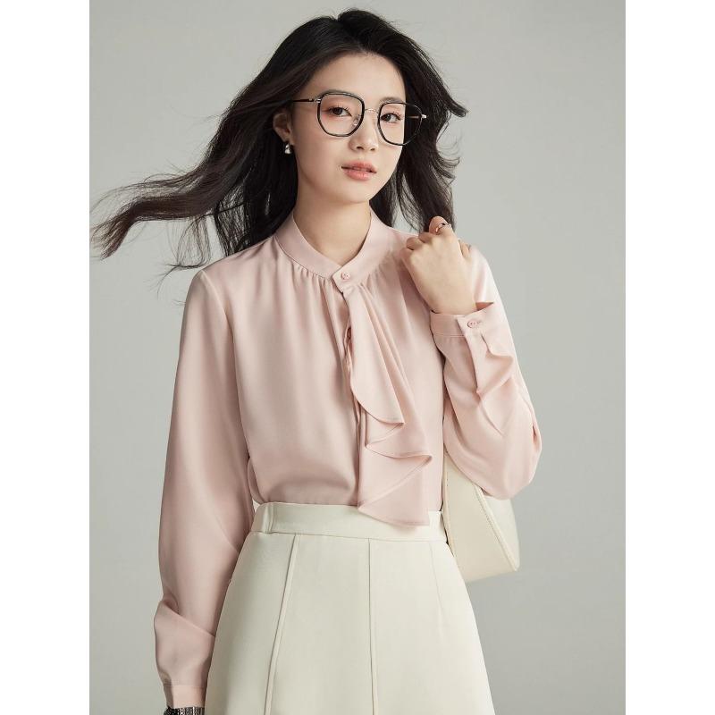 

French Ribbon Shirt for Women Spring Autumn New Style Gentle Shirt Temperament Commuting Long-sleeved Top S рожевий