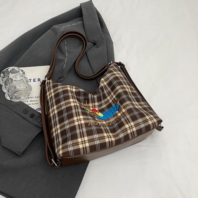 Large Capacity Backpack Women's Commuter Bag Plaid Tote Bag Cartoon Dog Shoulder Bag