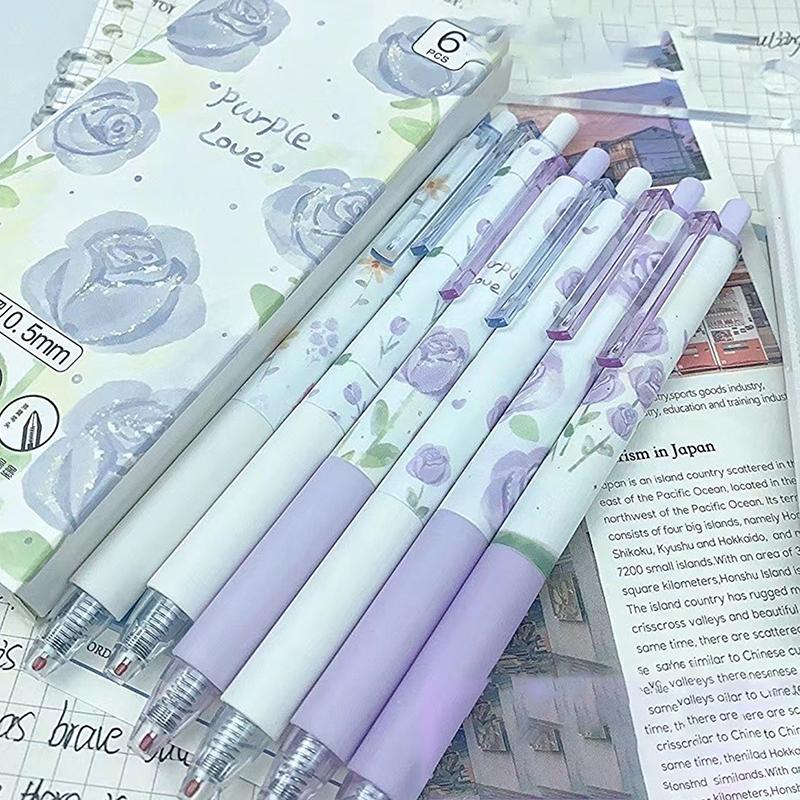 6 bolígrafos de gel Kawaii Rose de escritura suave, creativos, de secado rápido, de presión neutra, papelería estética, suministros de oficina