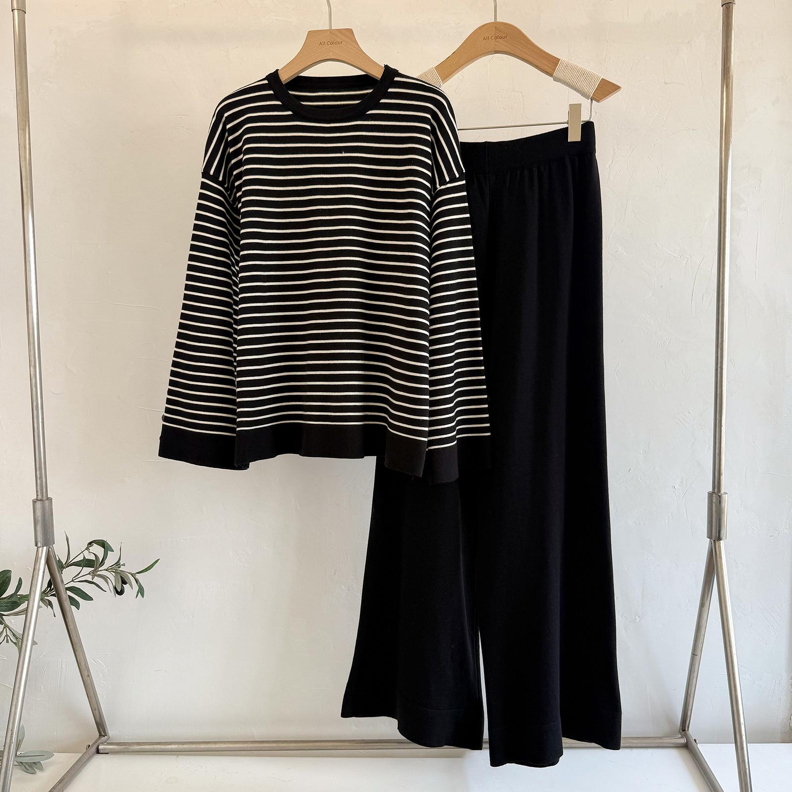 

Korean Casual Suit Women s Autumn and Winter Women s Clothing Striped Top Casual Wide-leg Pants Fashion Temperament One size чорний
