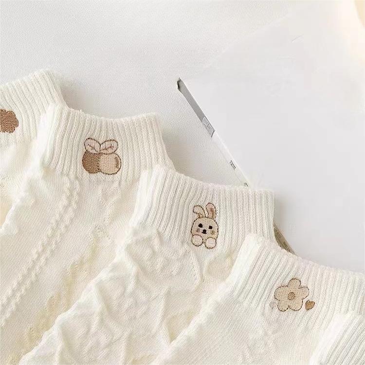 5 Pairs/Cartoon Japanese Women's Sports White Short Socks Solid Color Autumn Women's Short Socks Cartoon Match Tide Socks