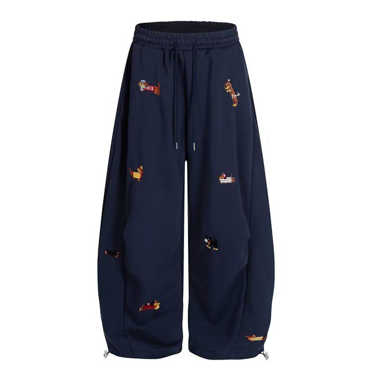 Unisex Retro Embroidered Puppy Wide Leg Pants - Lazy Style, Straight Leg, Crooked Knife Design for Spring and Autumn
