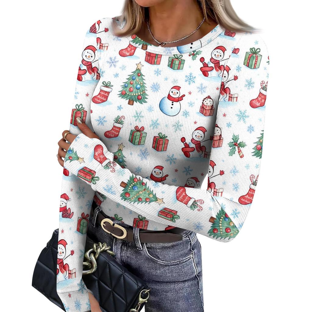 Women's Slim Fit Long Sleeve Base Layer T-Shirt with Christmas Print, Neck Pullover Top with Thumb Holes