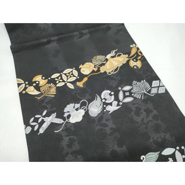 Used Heiwaya Kimono - 9-inch Nagoya Obi, Treasure-filled Pattern, Black, Pure Silk, Masterpiece CABI0257hy