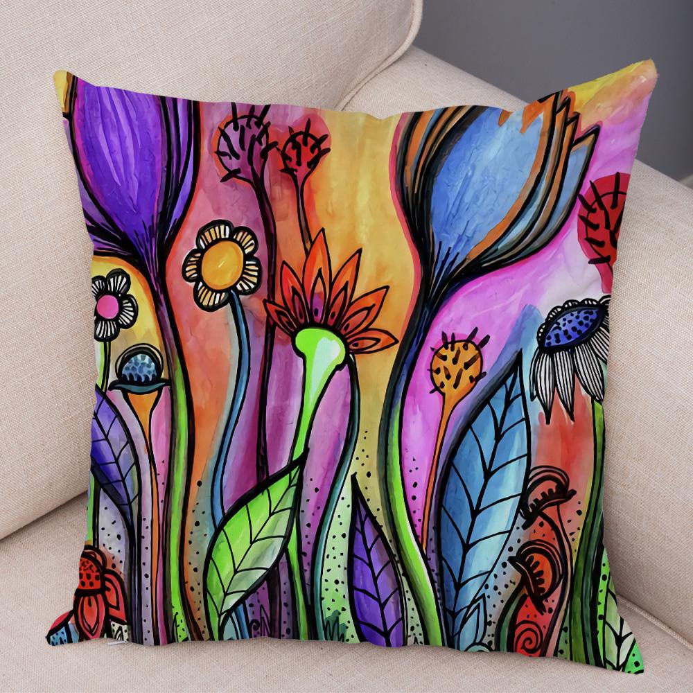 Children Oil Painting Art Cushion Cover Both Sides Plush Pillow Case Decor Cartoon Plant Throw Pillowcase for Sofa Home Car