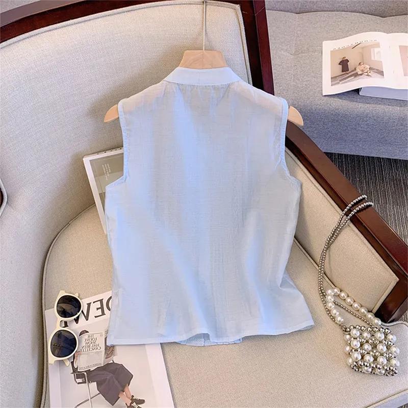 Women's White Sleeveless Blouse Ruffle Trim Lace Panel Button Front Loose Fit Casual Top