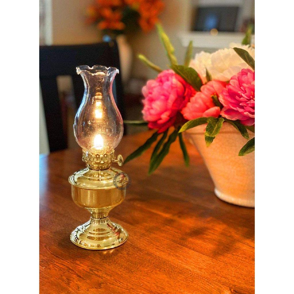 Brass Designer Table Lantern Glass Oil Lamp Oil Chimney Home Decoration 9.5 x 3 Inches, Pack of 1) Best for Gift Item