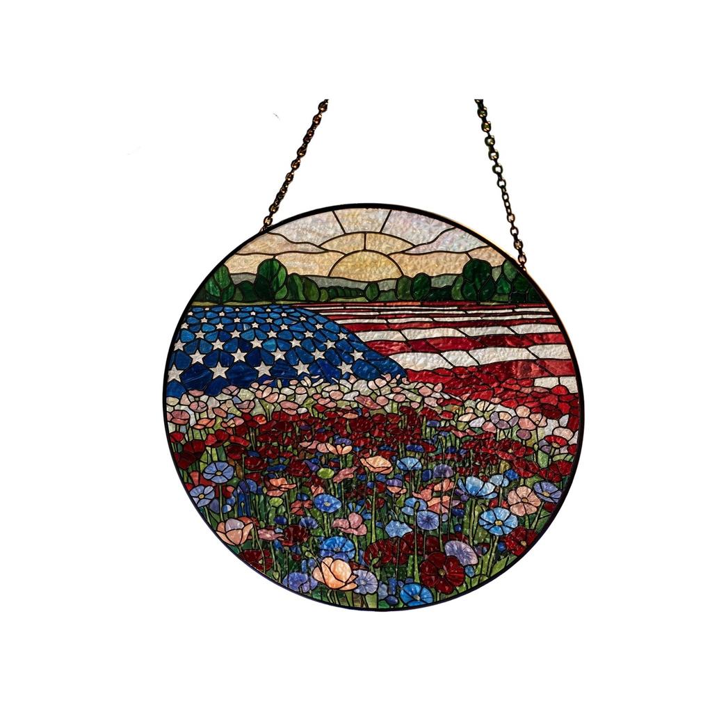 American 0th Anniversary Stained Glass Acrylic Suncatcher, Patriotic Flower Vase Window Hanging Decor