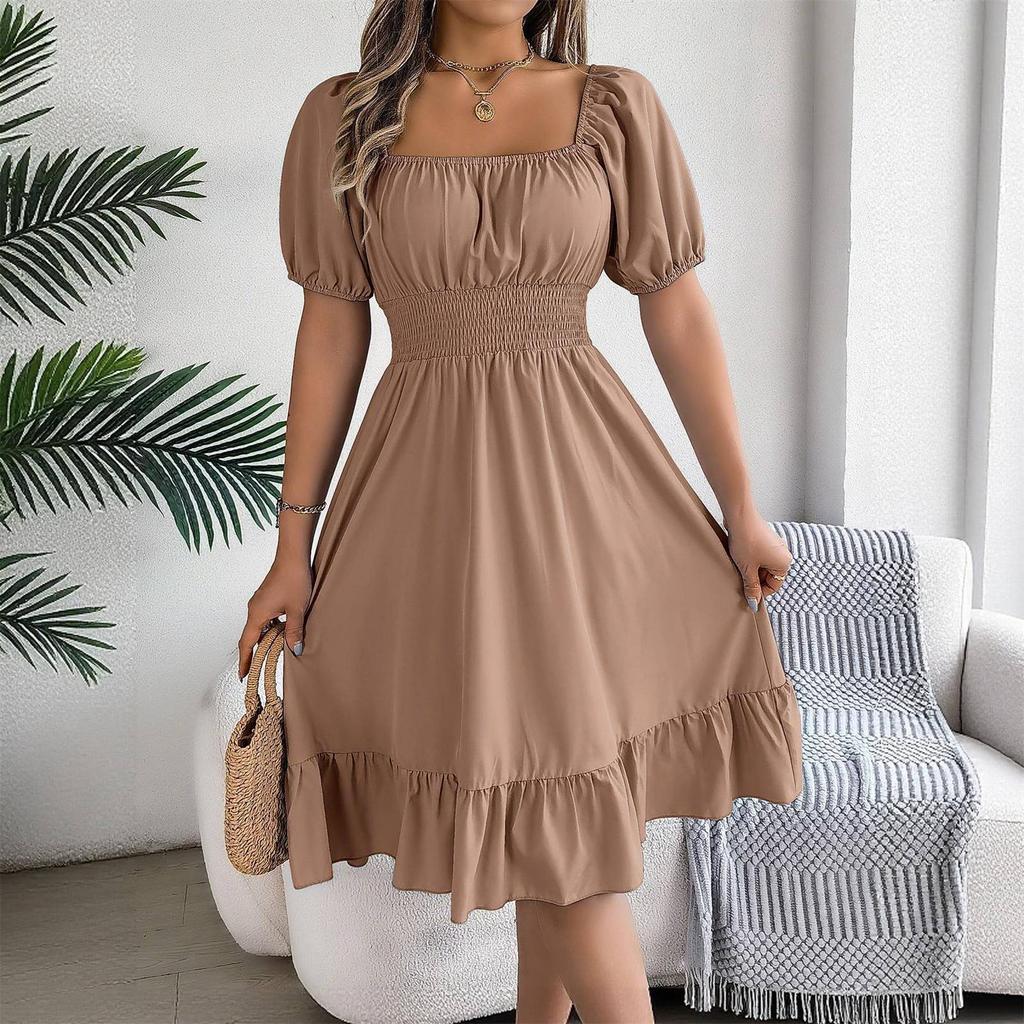 Women's Fashionable Retro Color Square Collar Fungus Hem Waist A-line Long Skirt Short-sleeved Dress