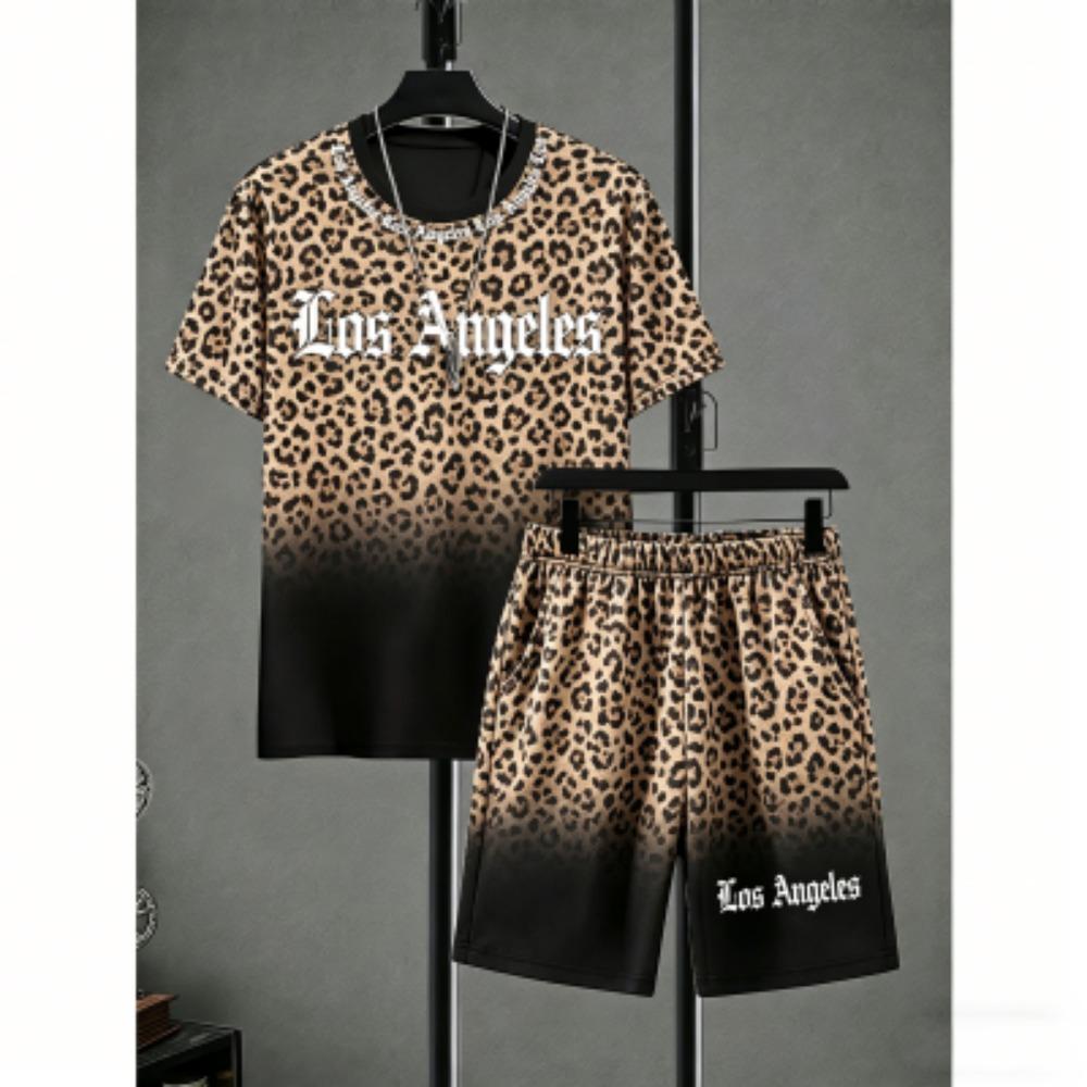 Men's Set Letter Leopard Printed Men's T-shirt and Shorts 2 Piece Set Summer Casual Outdoor Plus Size Men's and Women's T-shirt Sets