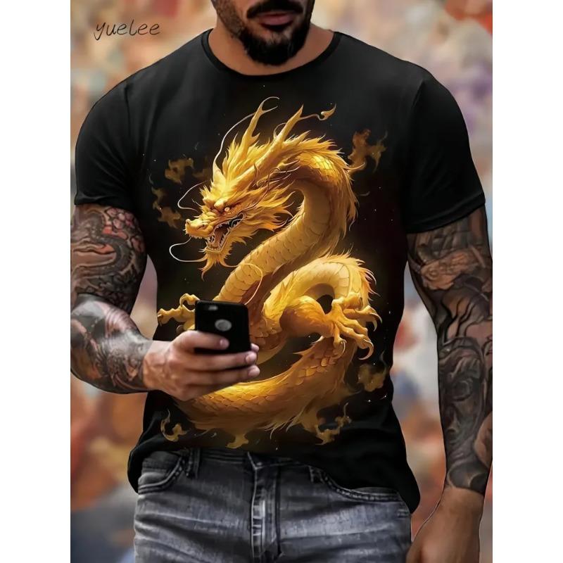 Vintage Dragon Pattern Men's T-Shirts Summer Outdoor Men's Clothing Round Neck Men Short Sleeved Tee Printing Breathable Men Top