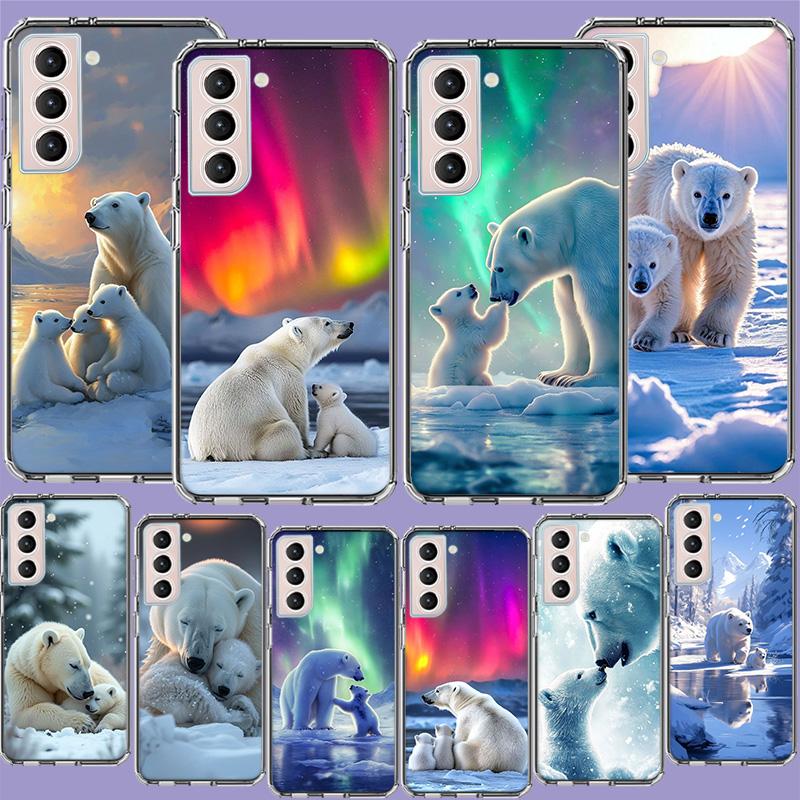 Eisbär und sein Junges unter der Aurora Handyhülle für Samsung Galaxy S25 Edge S24 S23 FE S21 S20 S10 Plus S22 S26 Ultra Cover