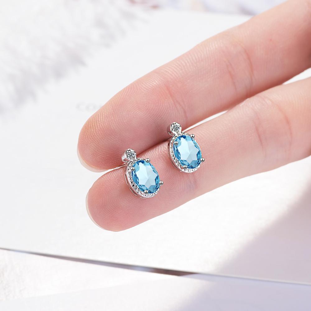 Oval 1.8 Carat Natural Sky Blue Topaz Birthstone Stud Earrings Genuine 925 Silver Fine Jewelry For Women Wedding Gift