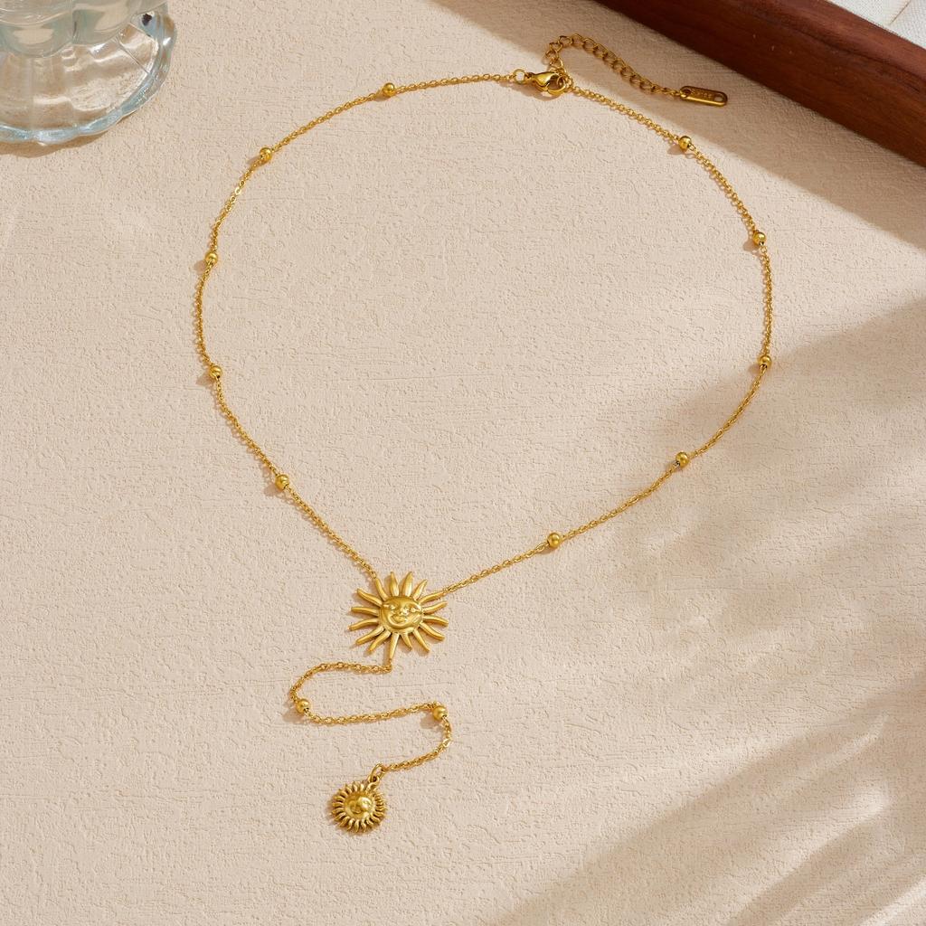 DIEYURO 316L Stainless Steel Golden Classic Face Sun Totem Ball Y-shaped tassel Pendant Necklace Lady Trend Neck Chain Jewelry