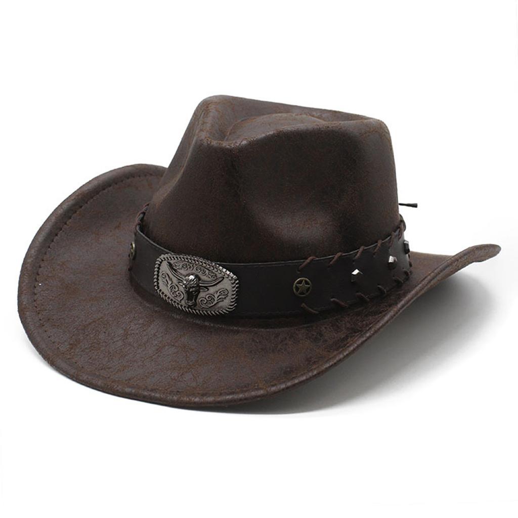 Rolled Brim Cowboy Hat for Woman Men Wear Resistant Cowboy Hat with Hat Band Western Style Large Brim Windproof Hat