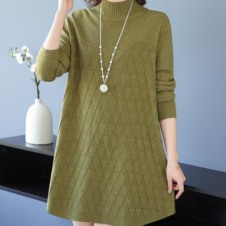 Half Turtleneck Knitted Dress for Women In Autumn and Winter Long-sleeved Mid-length Sweater Loose and Casual Pullover