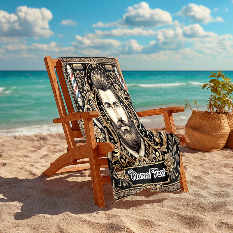1PC Custom Name Barber Shop Vintage Art Beach Towel Highly Absorbent And Sand-Resistant Towel for Swimming, Pool, Yoga, And Travel Lightweight