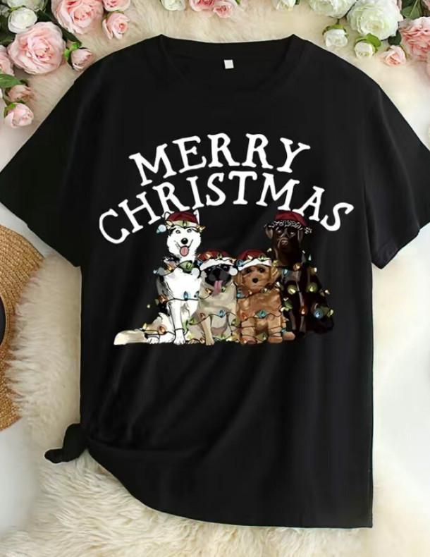Colorful Christmas Dogs Black t-shirt Men and Women full size