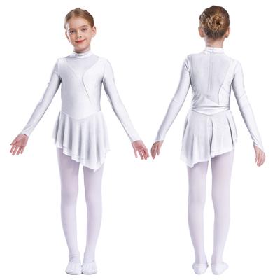 Girls Long Sleeve Skating Costume Sheer Mesh Patchwork Glittery Rhinestones Irregular Hem Dress