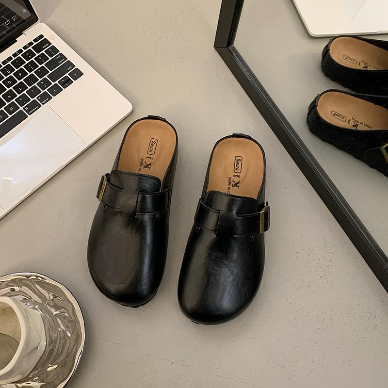 

Баотоу полутапочки женские уличные 2025 весна новые модные универсальные кожаные на одном педале на толстой подошве тапочки Birkencool 40 чёрный