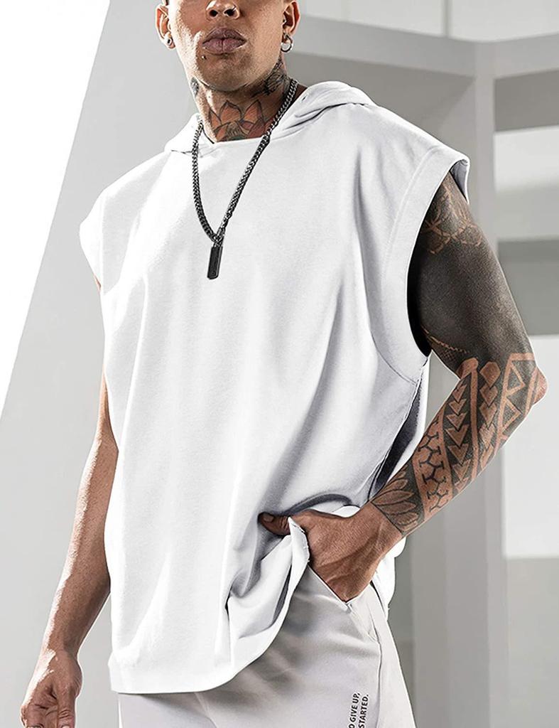 Summer Men's Vest Simple Training Sports Casual Sleeve Hooded Clip Europe and The United States Fashion Men's Solid Color Vest Daily Fitness