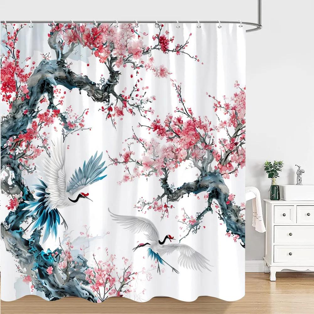 Chinese Japanese Ink Painting Shower Curtain Red Plum Blossom Art Painting Retro Style Polyester Shower Curtains Bathroom Deco