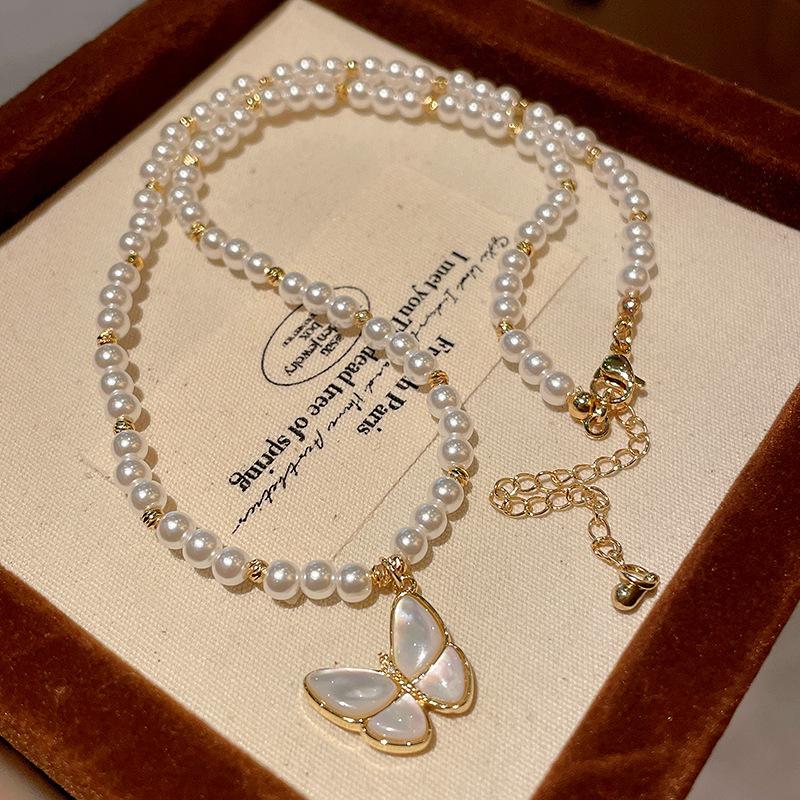 Butterfly Drop Oil Pearl Faux Crystal Necklace Versatile High-end Clavicle Chain Niche Design Jewelry Women