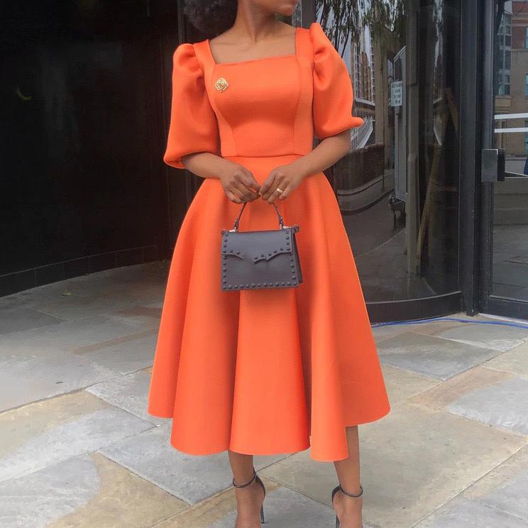 

Роскошные платья для женщин 2025 года с квадратным вырезом, коротким рукавом, высокой талией, плиссировкой, длиной до середины голени, элегантные платья для вечеринок и ужинов на день рождения XXXL