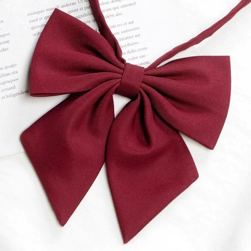 Wine Red Large Bow Tie - Japanese School Uniform Style for Women, Feather Detail, Versatile and Fashionable