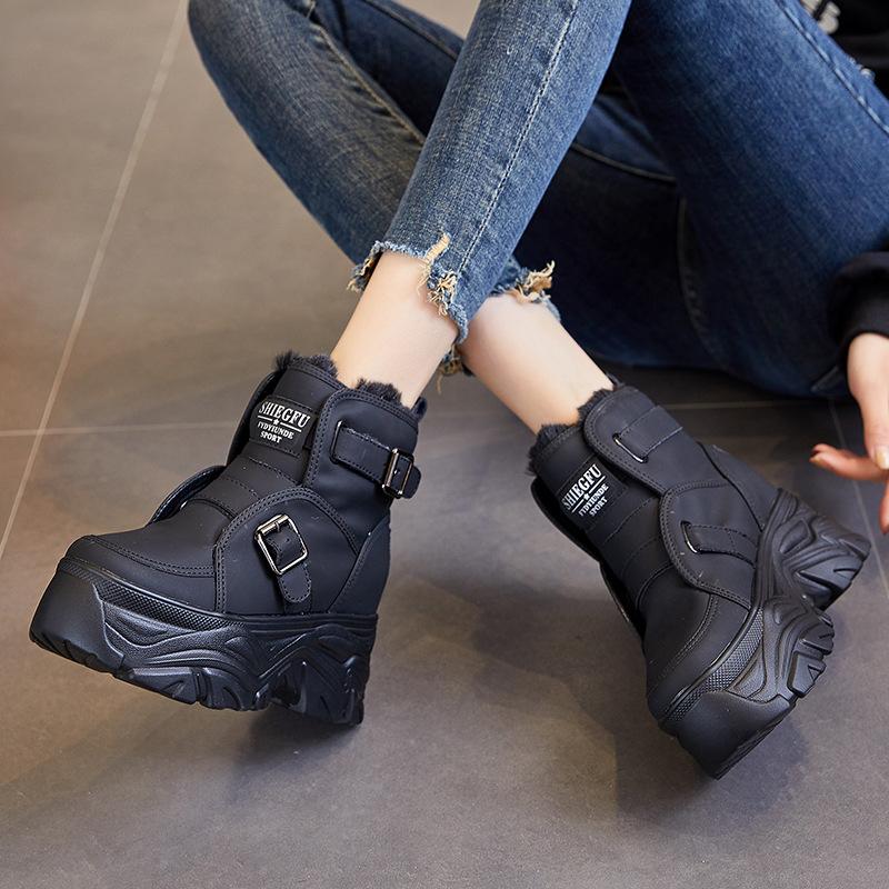 Fashion 8CM Genuine Leather Women Warm Animal Hair Chimney Hidden Heels Platform Wedge Autumn Winter Plush Booties Warm Fashion Shoes