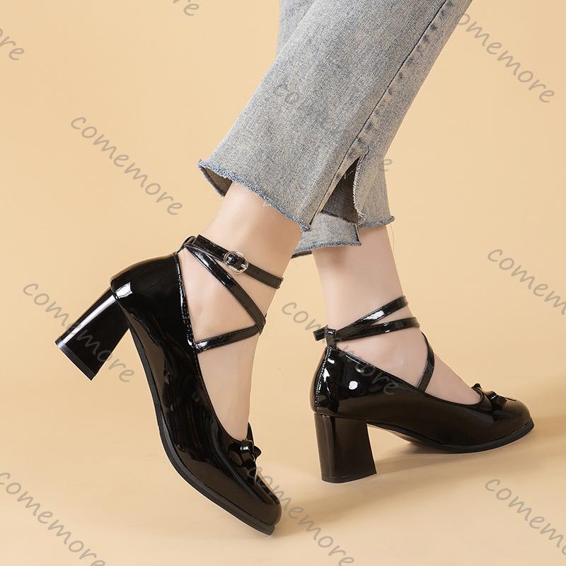 Fashion Comemore Black Brown Retro Cross-Tie Pumps Casual Summer Round Toe Shoes Ladies Sweet Fashion Woman Bow Heeled Mary Janes Shoes