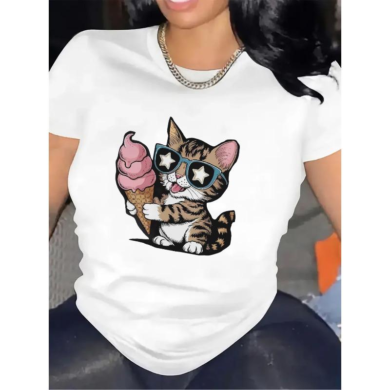 Women'S Short Sleeve T-Shirt Showcasing an Adorable Cat with an Ice Cream Graphic, Crafted from Lightweight Material, Ideal for Relaxed