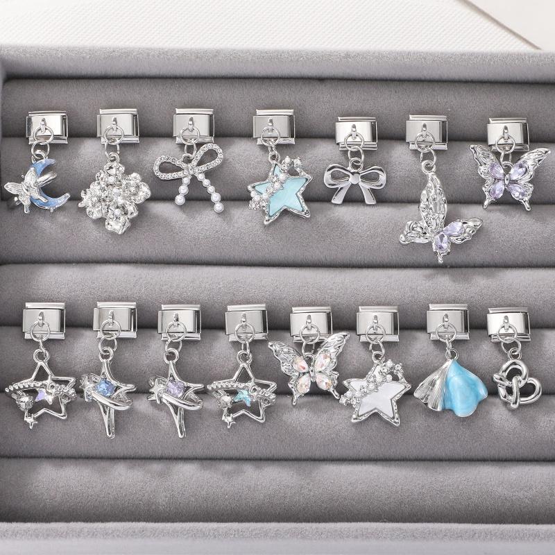 Luxury Pearl Zircon Star Moon Flower Shell Butterfly Pendant Italian Charm Link Fit 9mm Bracelet Stainless Steel DIY Making Gift