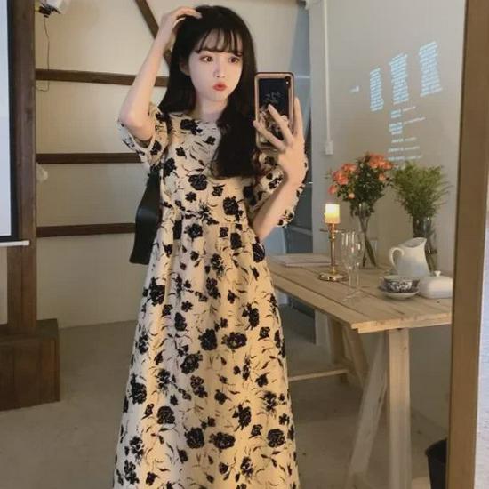 Korean Style Puff Sleeve Floral Midi Dress for Women