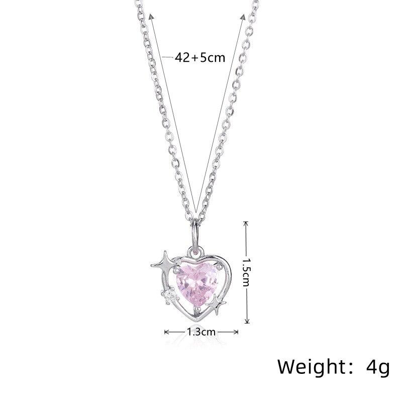 1pcs Silver-plated Necklace Women Light Luxury Fashion Pink Glass Diamond Heart Pendant Jewelry
